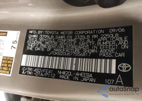 2007 Toyota Prius from USA, damaged, VIN JTDKB20U677556817